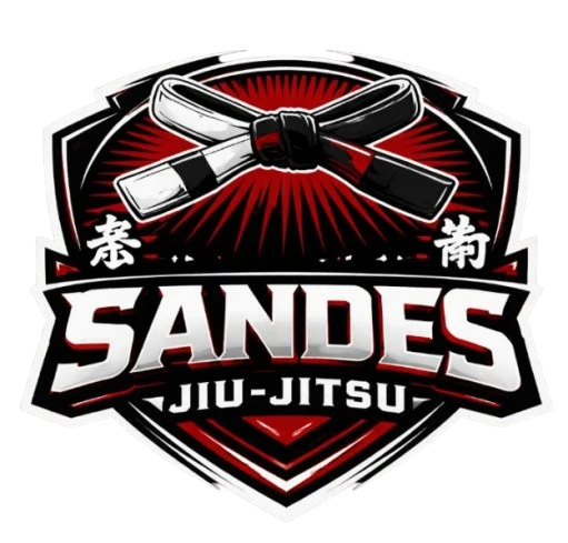 Emblema da Sandes Jiu-Jitsu: faixa preta com ponteira vermelha sobre escudo